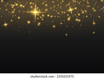 Vector sparkles on a transparent background. Gold dust. Yellow sparks shine light effect. Christmas abstract smoke and wind pattern. Shiny fairy dust particles with smoke and star in yellow color.