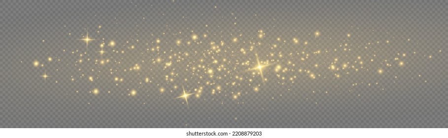 Vector sparkles on a transparent background. Gold dust. Yellow sparks shine light effect. Christmas abstract smoke and wind pattern. Shiny fairy dust particles with smoke and star in yellow color.