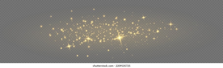 Vector sparkles on a transparent background. Gold dust. Yellow sparks shine light effect. Christmas abstract smoke and wind pattern. Shiny fairy dust particles with smoke and star in yellow color.