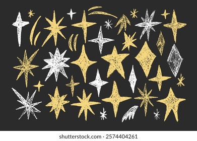 Vector sparkles stars doodle set. Crayon blings pack on chalkboard. Comets and futuristic blinking on night sky by chalk. Hand drawn by pencil illustration isolated on black background.