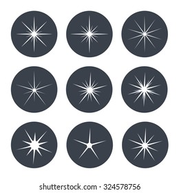 Vector sparkles white symbols on the dark circular background - star glitter, stellar flare 