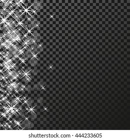 Vector sparkles white symbols on the dark background - star glitter, transparency stellar flare. Shining reflections. Glittering edge.