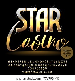 Vector Sparkling Banner Star Casino. Golden Set Of Shiny Alphabet Letters, Numbers And Symbols. Chic Font With Graphic Style