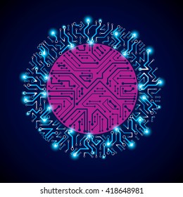 Vector sparkling circuit board circle, digital technologies abstraction. Blue and magenta shine computer microprocessor scheme, neon futuristic design.