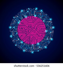 Vector sparkling circuit board circle, digital technologies abstraction. Blue shine computer microprocessor scheme with arrows, neon futuristic design.