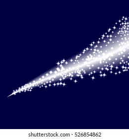 Vector sparkling falling star. Stardust trail. Cosmic glittering wave. 
glittering stars dust trail sparkling particles on blue background. Space comet tail.
