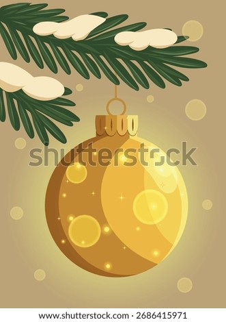 A vector, sparkling golden Christmas tree ornament on a snow-covered branch against a soft beige background with highlights. A festive illustration for greeting cards, winter, and New Year's designs