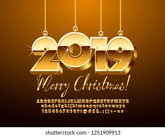 Vector sparkling greeting card Merry Christmas 2019. Luxury Golden Alphabet Letters, Numbers and Symbols. Bright Font with Stars.