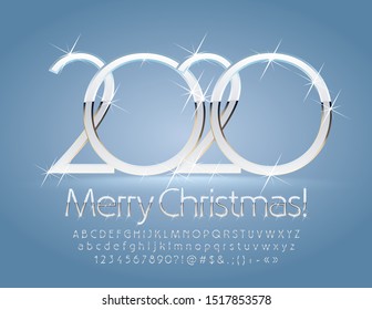 Vector sparkling greeting card Merry Christmas 2020! Alphabet Letters, Numbers and Symbols with stars. Silver glitter Font