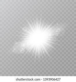 Vector sparkling magical dust particles. Starburst with sparkles, shining sun, bright flash. Bright star explodes on transparent background. White glowing light explodes. Blur in the light of radiance