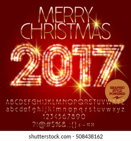 Vector sparkling Merry Christmas 2017 greeting card with set of letters, symbols and numbers. File contains graphic styles
