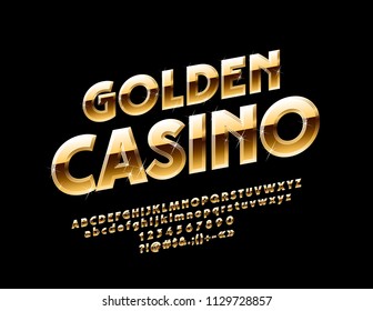 Vector sparkling Sign Golden Casino. Chic shiny Font with Stars. Luxury Alphabet Letters, Numbers and Symbols