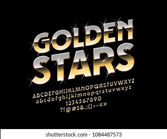 Vector sparkling sign Golden Stars with Font. Luxury glossy Alphabet Letters, Numbers and Punctuation Symbols