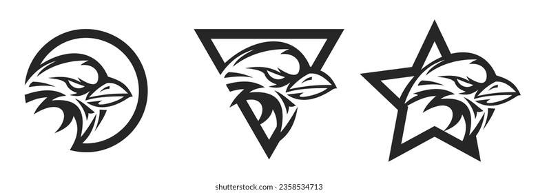 Vector sparrow head isolated on white and black background. Silhouette abstract bird. Template for design mascot, label, badge, emblem or other prints. Monochrome illustration.