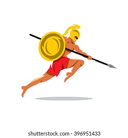 Vector Spartan Warrior Cartoon Illustration. Gladiator in a helmet jumping with shield and a spear. Branding Identity Corporate unusual logo design template Isolated on a white background