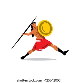 Vector Spartan Warrior Cartoon Illustration. Gladiator with shield javelin throwing. Branding Identity Corporate unusual Logo isolated on a white background