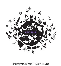 Vector spase set of rocket. Universe and cosmic ship in cartoon style. Abstract art line template. Doodle illustration on white background Graphic collection . Simple hand drawn card Cute funny sketch