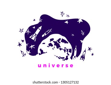 Vector spase template. Universe and cosmic ship, rocket, star, sky in cartoon style Abstract doodle art illustration on white background Graphic simple hand drawn fantasy card Cute funny galaxy sketch