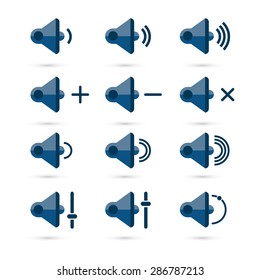 Vector Speaker icons for app set. Volume and sound, audio and loudspeaker, music, and voice. Flat design.
