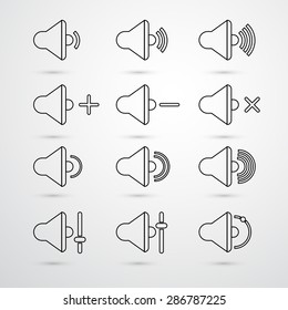 Vector Speaker icons for app set. Volume and sound, audio and loudspeaker, music, and voice. outline style.