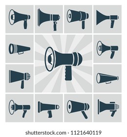 Vector speaker icons of set. Flat megaphone silhouettes collection vintage illustration