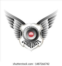 vector speaker with wings. Abstract logos for music and sound. Music concert badge with wings, illustrations and sound system for the community