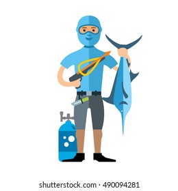 Vector Spearfisher with large Marlin fish. Spearfishing. Flat style colorful Cartoon illustration.