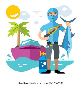 Vector Spearfisher with large Marlin fish. Spearfishing. Flat style colorful Cartoon illustration.