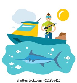 Vector Spearfishing. Fishing. Flat style colorful Cartoon illustration.