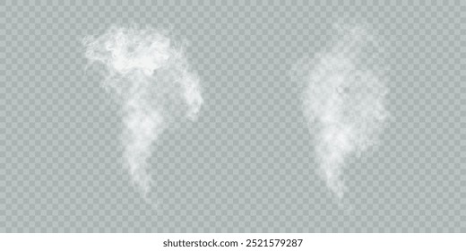 Vector special effect of steam, smoke, fog, clouds. Abstract gas on a transparent background, steam engine, steam or explosive dust, dry ice effect, condensation, smoke. Vector