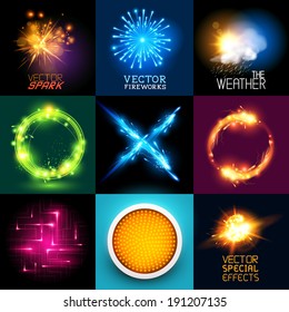 Colección de efectos especiales del vector. Conjunto de diversos efectos de luz y símbolos, ilustración vectorial.