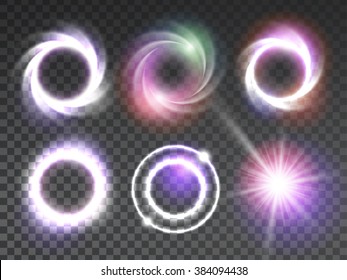 Vector special light effects set with transparency isolated on plaid background. Glowing ring, star with flare, swirl and explosion design elements