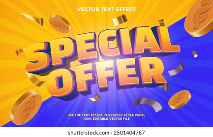 Vector Oferta especial Logo 3D Efecto de texto editable con fondo de monedas voladoras