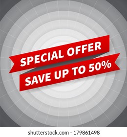 vector special offer banner isolated on black circle background. 