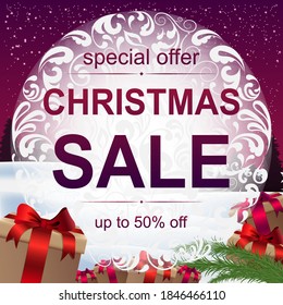 Vector. Special offer, Christmas sale, up to 50% discount. Christmas tree branch, gifts.