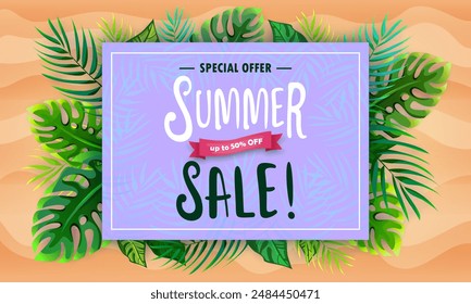 Vector special offer coupon. Summer sale banner template. Hand drawn background with top view on frame of tropical leaves and sea sand. Discount, up to 50% off