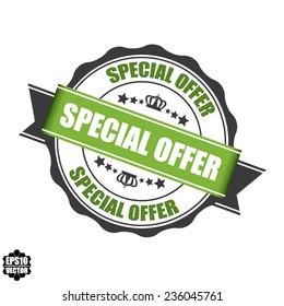 Vector: Special Offer Stamp, Label, And Sticker With Green Color, Stars And Crown Isolated On White Background. 