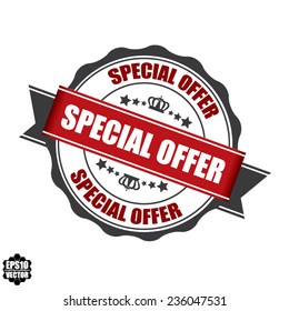Vector: Special Offer Stamp, Label, And Sticker With Red Color, Stars And Crown Isolated On White Background. 