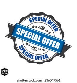 Vector: Special Offer Stamp, Label, And Sticker With Blue Color, Stars And Crown Isolated On White Background. 