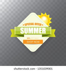 vector special offer summer label design template . Summer sale banner or badge with beautiful sun and calligraphic text on transparent background