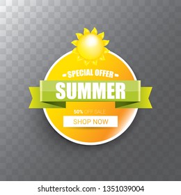 vector special offer summer label design template . Summer sale banner or badge with beautiful sun and calligraphic text on transparent background