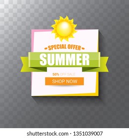 vector special offer summer label design template . Summer sale banner or badge with beautiful sun and calligraphic text on transparent background