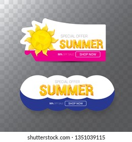 vector special offer summer label design template . Summer sale banner or badge with beautiful sun and calligraphic text on transparent background