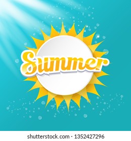 vector special offer summer label design template . Summer sale banner or badge with beautiful sun and calligraphic text on azure background with sun lights