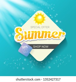vector special offer summer label design template . Summer sale banner or badge with beautiful sun and calligraphic text on azure background with sun lights