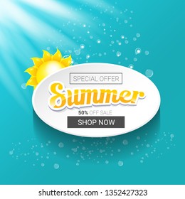 vector special offer summer label design template . Summer sale banner or badge with beautiful sun and calligraphic text on azure background with sun lights