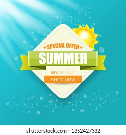 vector special offer summer label design template . Summer sale banner or badge with beautiful sun and calligraphic text on azure background with sun lights