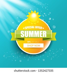 vector special offer summer label design template . Summer sale banner or badge with beautiful sun and calligraphic text on azure background with sun lights