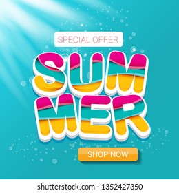 vector special offer summer label design template . Summer sale banner or badge with beautiful sun and calligraphic text on azure background with sun lights