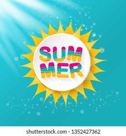 vector special offer summer label design template . Summer sale banner or badge with beautiful sun and calligraphic text on azure background with sun lights